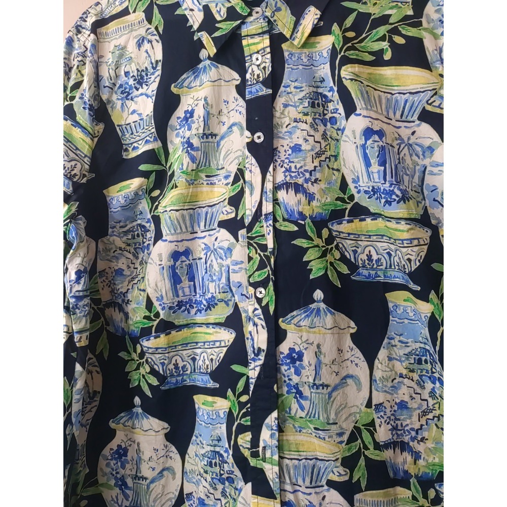 Talbots Blue Multicolor Pattern Vase Theme Longsleeve Button Down Shirt Size XL - Picture 2 of 7